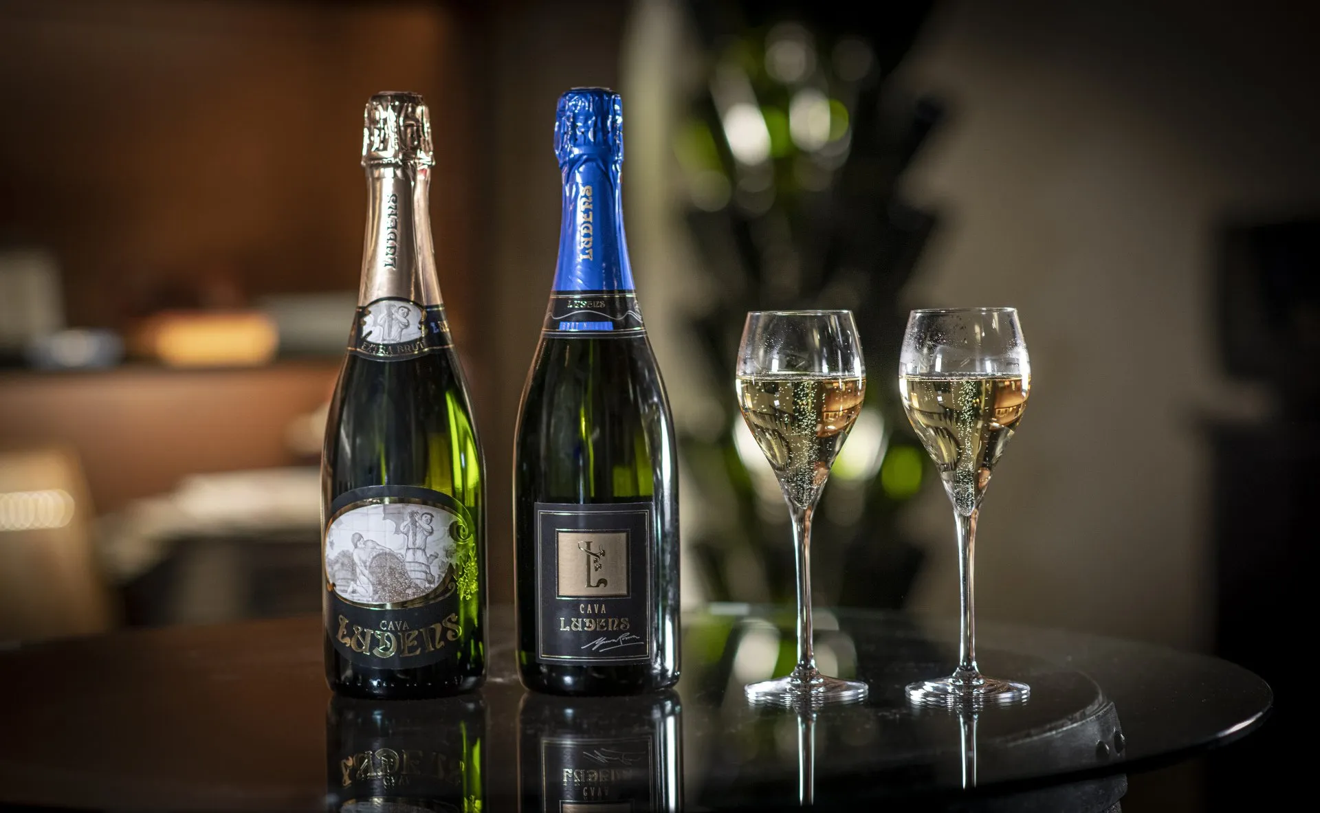 Twee flessen Cava Ludens met glaasjes cava